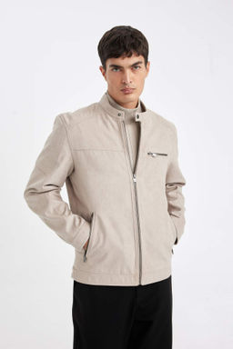 Slim Fit Dar Kesim Dik Yaka Fermuarl? Suet Gorunumlu Mevsimlik Baharl?k Mont - Defacto фото 2