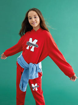 Kap??onlu Bask?l? Uzun Kollu K?z ?ocuk Sweatshirt