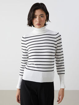 Bal?k?? Yaka ?izgili Kad?n Triko Kazak