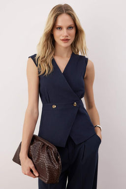 Lacivert Kemik Dugme Detayl? Kruvaze Dokuma Bluz TWOSS20BZ0707