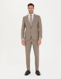 Bej _izgili Ekstra Slim Fit Y_n Tak_m Elbise
