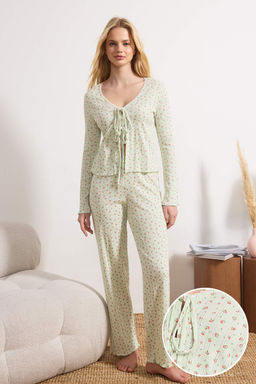 Kahverengi %100 Pamuklu Cicek Desenli Fitilli/Pointel Orme Pijama Tak?m? THMSS26PT00067 - Trendyolmilla фото 10