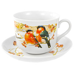 Чашка чайная фарфоровая Снегири 450мл, д10,5см, h9см, форма Ностальгия, с блюдцем (Россия)