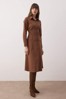Kahverengi Dugme Detayl? Midi Dokuma Gomlek Elbise TWOAW26EL00264 - Trendyolmilla фото 2