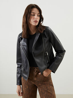 Biker Yaka Kad?n Deri G?r?n?ml? Ceket