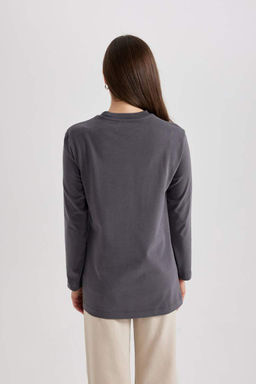 Футболка-туника с длинными рукавами из чесаного хлопка с круглым вырезом и вышивкой обычного кроя - Defacto фото 8