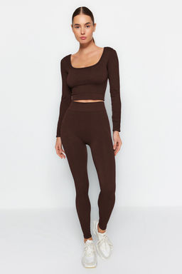 Koyu Kahverengi Seamless/Dikissiz Tam Boy Orme Spor Tayt TWOAW20TA0071
