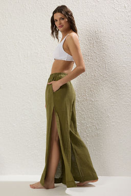 Haki Dokuma Y?rtmacl? %100 Keten Maxi Plaj Yuksek Bel Pantolon TBESS25PL00004