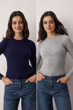 Siyah-Tas Bisiklet Yaka Sac Orgu Ikili Paket Triko Kazak TWOAW26KZ00188 - Trendyolmilla фото 15