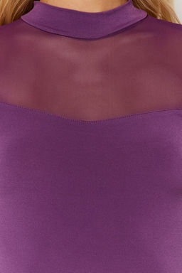 TRENDYOLMILLA Siyah Slim Tul Detayl? Uzun Kollu Dik Yaka Alttan C?tc?tl?Esnek Orme Body TWOAW24BD00049  фото 4