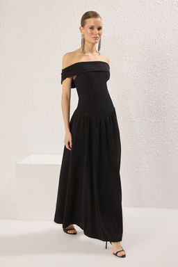 TRENDYOLMILLA Siyah A-Kesim Carmen Yaka Orme Midi S?k Elbise TPRSS25EL00150  фото 2