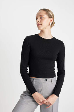 Базовая футболка с длинными рукавами и приталенным вырезом в рубчик на бретельках - Defacto фото 4