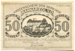 50 геллеров 1920 года Австрия Раннариедль (нотгельд)
