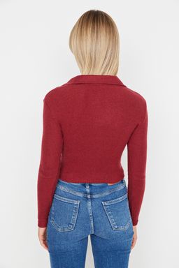 Trendyolmilla Indigo Dugme Detayl? Vucuda Oturan Crop Polo Yaka Fitilli Esnek Orme Bluz TWOAW22BZ0522