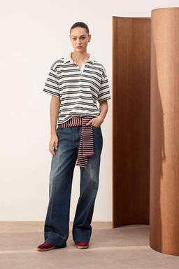 Wardrobe Essentials-Ekru Cizgili Normal Kal?p K?sa Kollu Tok %100 Pamuk Orme T-shirt TWOSS26TS00027