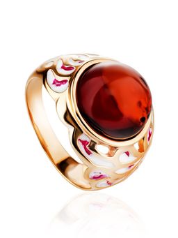 Эффектный позолоченный перстень Суздаль с натуральным янтарём