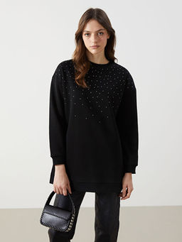 Bisiklet Yaka Ta?l? Kad?n Kal?n Sweatshirt Tunik