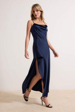 Lacivert Dantel Detayl? Dokuma Saten Midi S?k/Gece Elbise TPRSS26EL00035