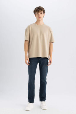 Мужская бежевая базовая футболка свободного кроя с широким вырезом и круглым вырезом из хлопка с короткими рукавами - Defacto фото 2