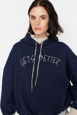 Lacivert Kal?n Ici Polarl? Triko Bant Detayl? Kapusonlu Orme Sweatshirt TWOAW22SW1806
