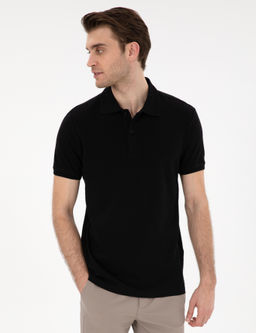 Siyah Slim Fit %100 Pamuk Polo Yaka Basic Ti__rt