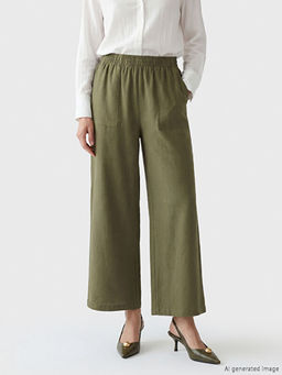 Beli Lastikli Keten G?r?n?ml? Kad?n Pantolon