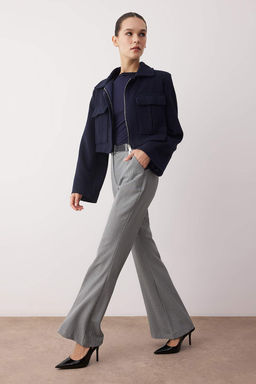 Lacivert Kemerli Flare Ekose Desenli Bootcut Pantolon TWOAW26PL00045