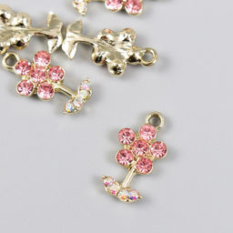 Цена за 5 шт. Декор для творчества металл, стразы Цветочек розовый с листиками, золото 1.1?2 см