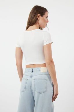 Pembe-Ekru 2li Paket Crop Viskoz/Yumusak Kumas Esnek Orme Bluz TWOSS23BZ00108