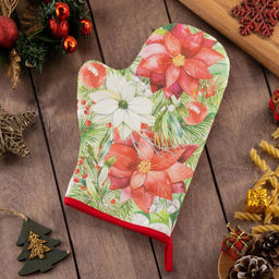 Цена за 3 шт. Варежка-прихватка Christmas red flowers 20×28 см, саржа, 100% хлопок, ватин 250 г/м²