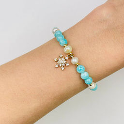 Браслет из Амазонита и Жемчуга с подвеской снежинка