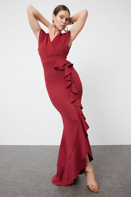 Bordo F?rf?r Detayl? Dokuma Uzun S?k Abiye Elbise TPRSS24AE00251 - Trendyolmilla фото 2
