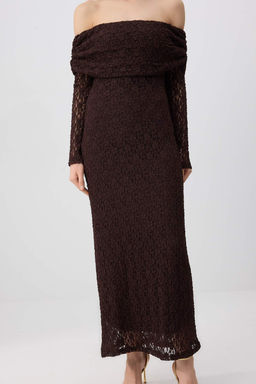 Kahverengi Dantel Astarl? S?k/Gece Maxi Elbise TPRAW26EL00164