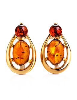 Стильные яркие серьги из позолоченного серебра и коньячного янтаря Пруссия, 910103084