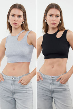 Siyah-gri melanj 2li Paket Cut Out Detayl? Fitted Crop Fitilli Esnek Orme Atlet TWOSS23AL00006
