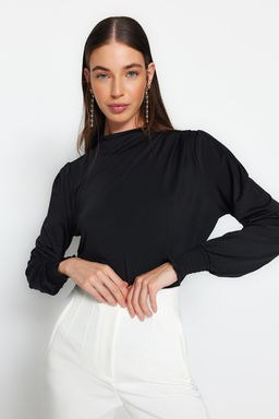 Siyah Dik Yaka Regular Fit Gipe Detayl? Esnek Orme Bluz TWOAW24BZ00022