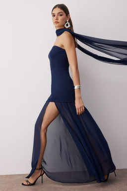 Lacivert Sal Detayl? Dokuma Maxi Abiye & Mezuniyet Elbisesi TPRSS25AE00188