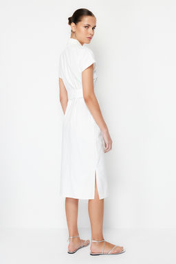 Ekru Kusakl? Genis Kal?p Gabardin Midi Gomlek Elbise TWOSS24EL00227