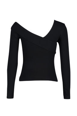 Siyah Pamuklu Esnek Volanl? Fitted/Vucuda Oturan Crop Orme Bluz TWOAW24BZ00161