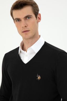 Erkek Slim Fit V Yaka Siyah Basic Kazak