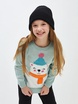 Bisiklet Yaka Desenli Uzun Kollu K?z ?ocuk Triko Kazak