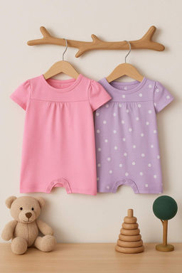 Lila-Pembe 2li K?z Bebek %100 Pamuk Puantiyeli K?sa Kol Orme Tulum TKDSS25TU00018