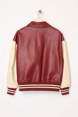 Bordo-Krem Oversize Kal?p Suni Deri Kolej Bomber Ceket Mont TWOAW26MO00006 - Trendyolmilla фото 8
