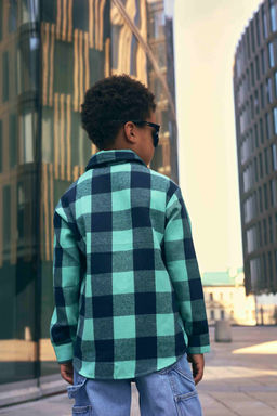 Детская рубашка в клетку с воротником бирюзовая Mini Hippy SAM 046 - Caimano фото 3