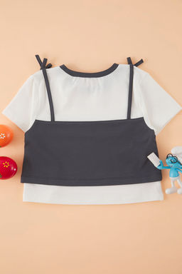 Ekru K?z Cocuk Pamuklu Atlet Detayl? Kurdeleli Orme T-Shirt TKDSS25TS00114 - Trendyolmilla фото 3