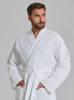 Вафельный удлиненный халат Кимоно унисекс "Ромбы" белый В-14 (9)