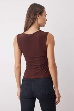 Kahverengi Drape Detayl? Degaje Yaka Uzun Kol Orme Bluz TWOAW26BZ00127