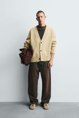 CARDIGAN WITH DISTRESSED RIBBED TRIMS