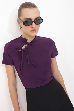 Murdum Dik Yaka Baglama Detayl? Vucuda Oturan Esnek Orme Bluz TWOSS25BZ00226