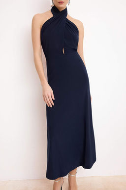 Lacivert Orme Asimetrik Yaka Midi Astarl? Elbise TPRSS26EL00063